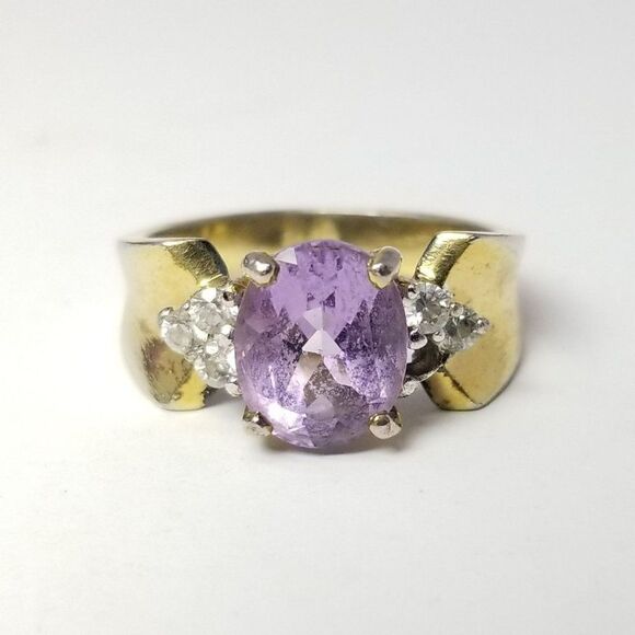 Vintage Sterling Silver Purple Rhinestone Gold Overlay Ring, Size 7, Estate - Picture 1 of 10